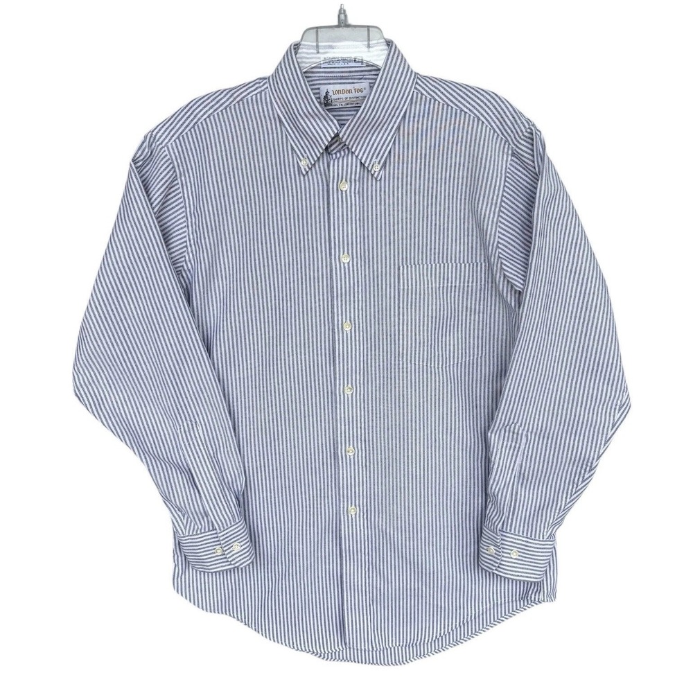 Vtg 90s London Fog Shirt Mens 15.5 32/33 (M) Gray White Stripe Button Down USA‎